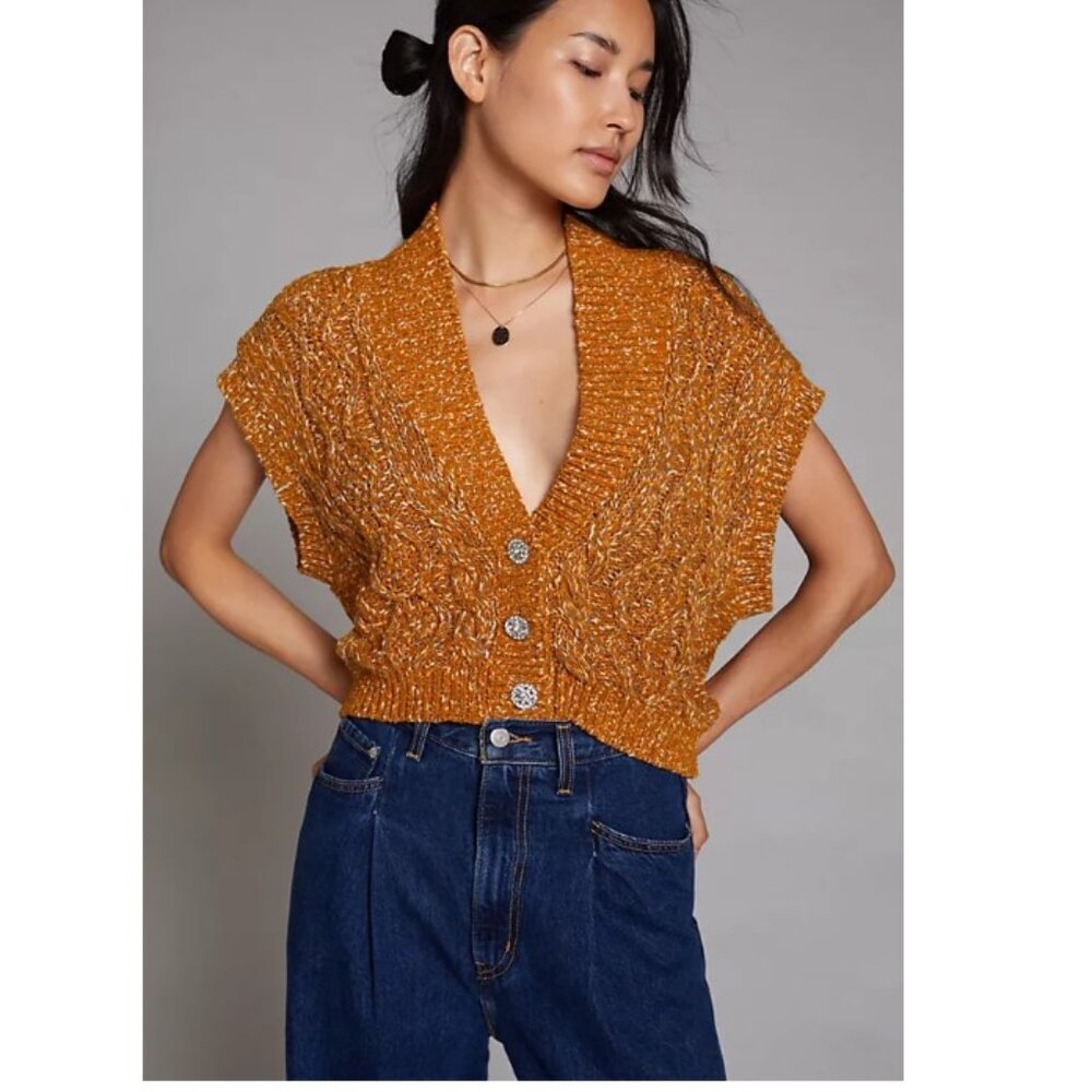Cropped Cable-Knit Button Front Sweater - Mustard